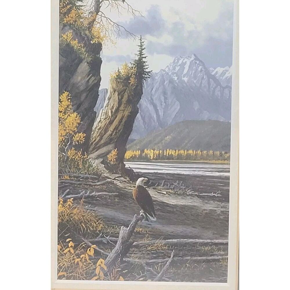 Eagle Perched Mountains Lake Painting Framed 8x10 Outdoors Relaxing EagleLife - Picture 4 of 13